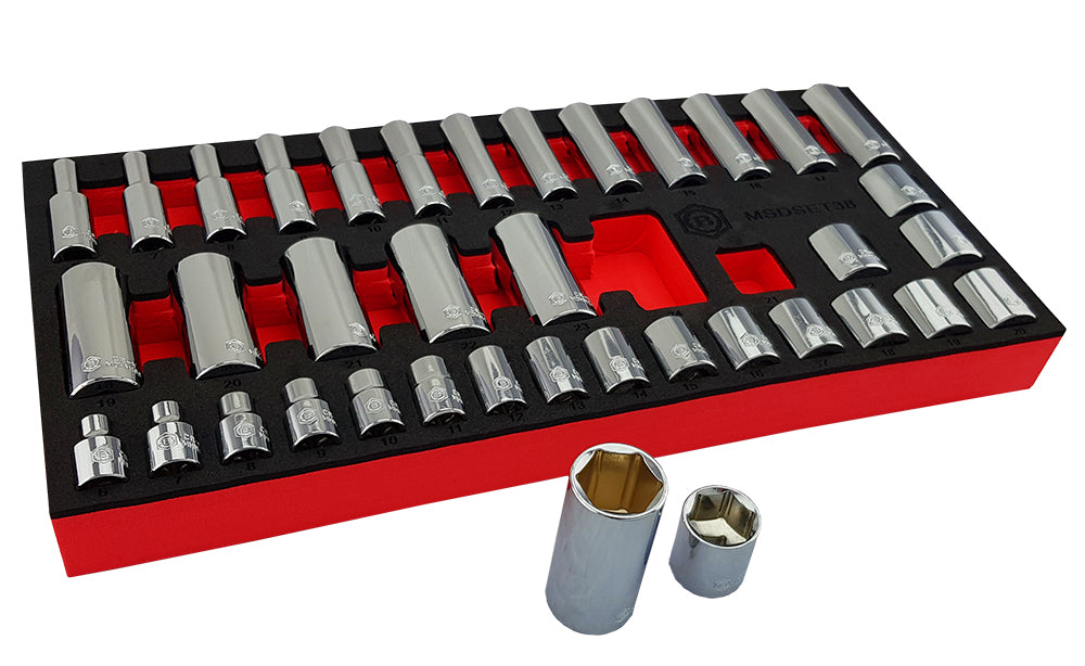 38 piece 3/8" drive standard and deep chrome socket set from Britool Hallmark.  Sockets covers sizes 6-24mm and have a 6-point profile, supplied in EVA tool control tray.