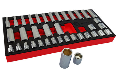 38 piece 3/8" drive standard and deep chrome socket set from Britool Hallmark.  Sockets covers sizes 6-24mm and have a 6-point profile, supplied in EVA tool control tray.