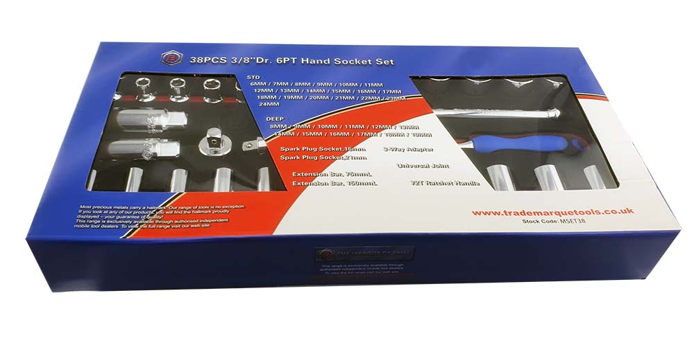 Birtool Hallmark's 38 piece 3/82 drive socket and accessory set shown in its external packaging box.