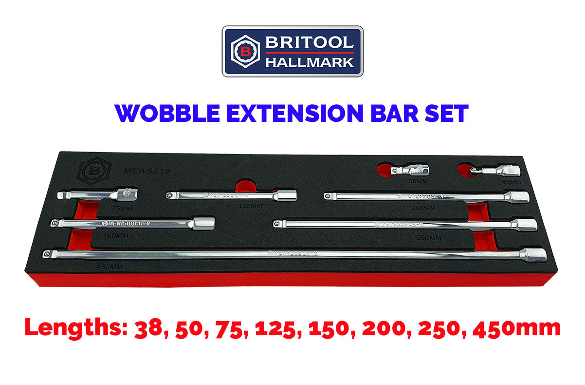 8pc Britool Hallmark 3/8" drive wobble extension bar set supplied in tool control foam