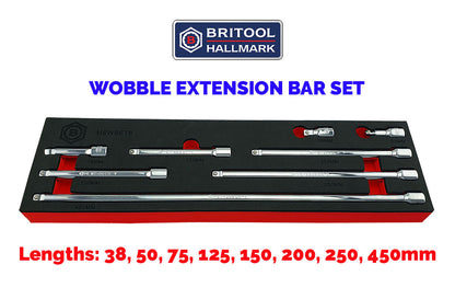 8pc Britool Hallmark 3/8" drive wobble extension bar set supplied in tool control foam
