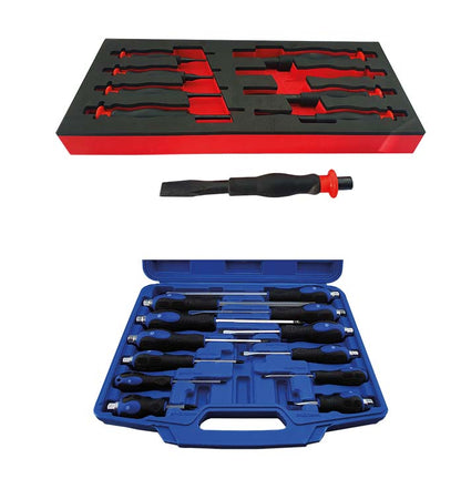 Britool Hallmark twin pack special offer, containing an 8-piece punch and chisel set in tool control foam tray, and a 12-piece impact screwdriver set with blue handles in a blow moulded storage case.