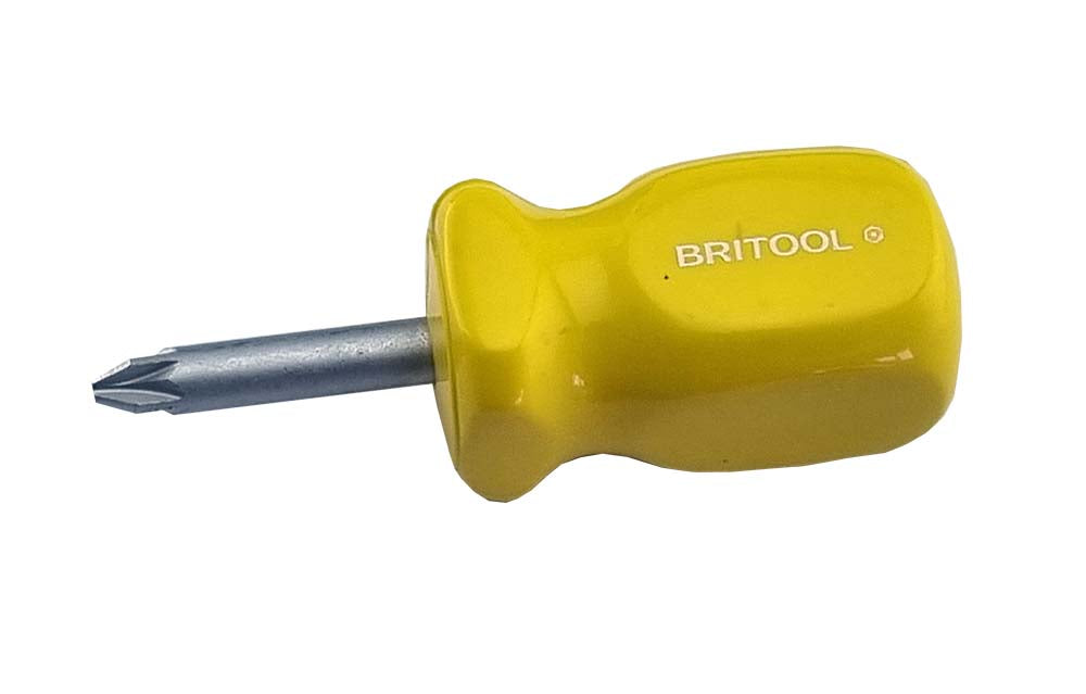 Britool Hallmark PZ2 stubby yellow handled screwdriver. 30mm length.
