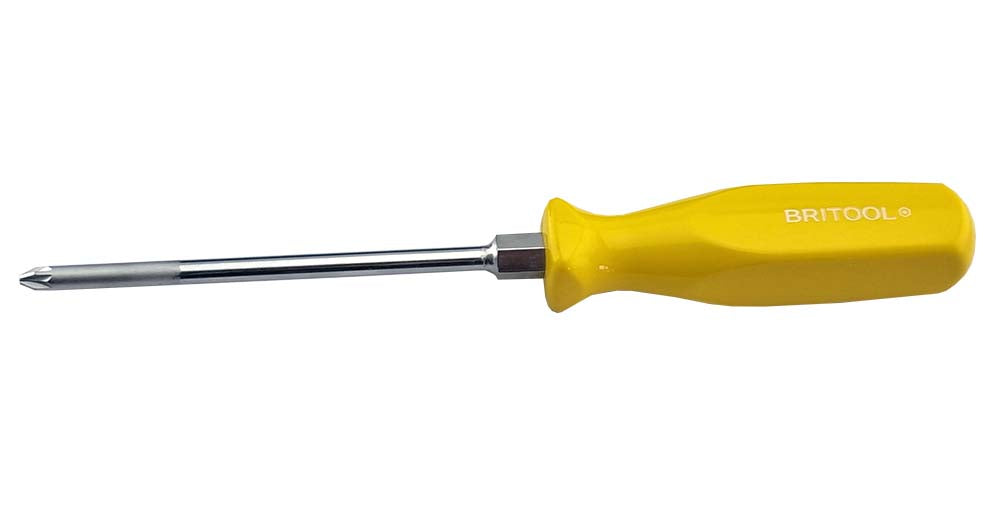 Britool Hallmark PZ2 x 125m long pozi head screwdriver with yellow hard plastic handle.  With Britool branded on handle