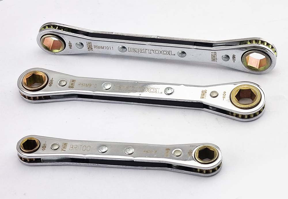 A set of three Britool Hallmark ratcheting box wrenches from 7 - 11mm.