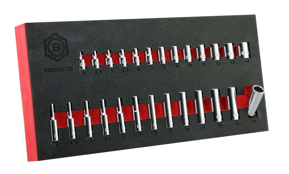1/4" drive 26 piece bi-hexagon chrome socket set, with standard and deep profile sockets in tool control foam, from the Britool Hallmark range.