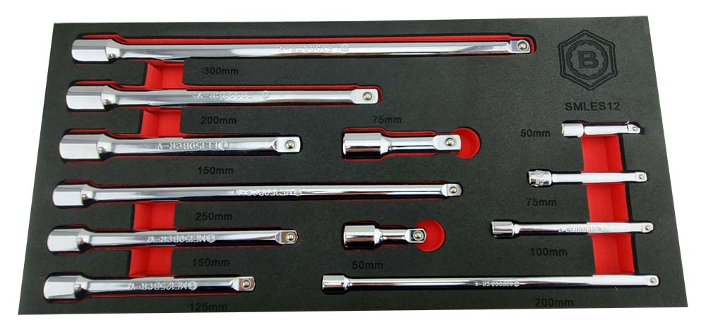 A set of Britool Hallmark professional extension bars for sockets, including sizes 1/4", 3/8", and 1/2", laid out on a foam storage tray.