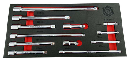 A set of Britool Hallmark professional extension bars for sockets, including sizes 1/4", 3/8", and 1/2", laid out on a foam storage tray.