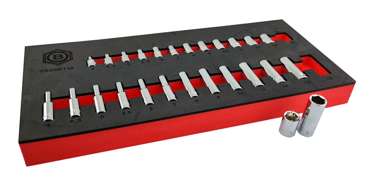 Britool Hallmark 1/4 inch 26pc standard and deep 6-point socket set 4-14mm in tool control foam