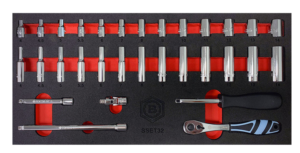 A set of Britool Hallmark 1/4 inch drive sockets and accessories neatly arranged in a black tray with red dividers, including standard and deep sockets, wobble extensions, an adaptor, spinner handle, and ratchet.