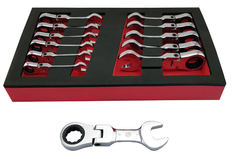 Britool Hallmark stubby flexi ratchet spanner set 8-19mm in foam tray