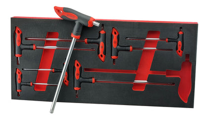 Britool Hallmark T-handle Torx key set, sizes T10-T50 in tool control foam tray.