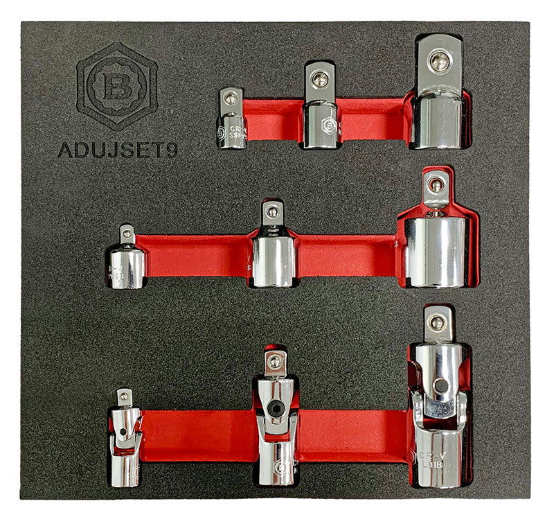 A set of 9 chrome socket adaptors and universal joints from Britool Hallmark, supplied in branded tool foam for ease of storage.