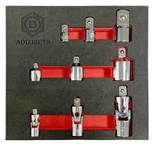 A set of 9 chrome socket adaptors and universal joints from Britool Hallmark, supplied in branded tool foam for ease of storage.