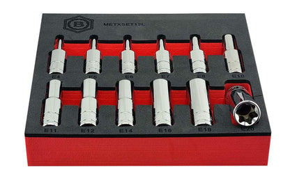 A set of chrome-plated Torx sockets in sizes E4 to E24, neatly arranged in a black foam tray with red accents. Each socket is stamped with the Britool Hallmark logo.