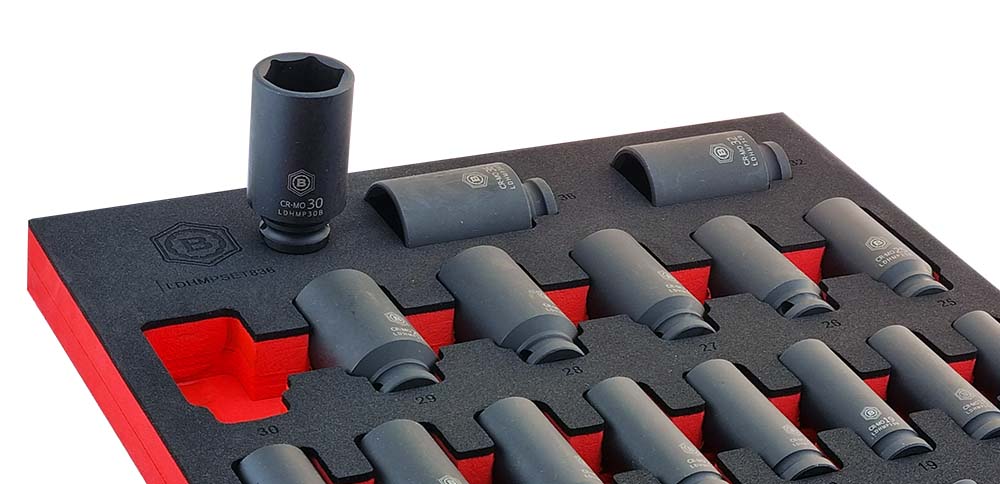 1/2" drive deep hexagon impact socket set from 8-36mm from Britool Hallmark range.  Supplied in tool control EVA foam for use in most toolbox drawers.
