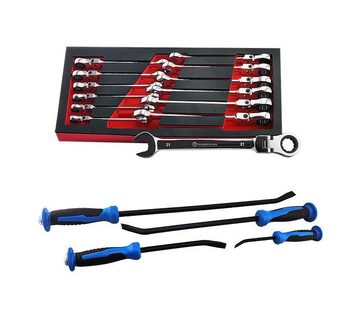 Special offer of a 13 piece Britool Hallmark flex ratchet spanner set with a free 4 piece pry bar set.