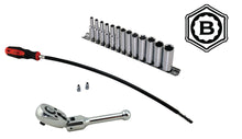 A set of Britool Hallmark 1/4 inch drive deep sockets with a flexi ratchet and a flexi hose clip driver. 