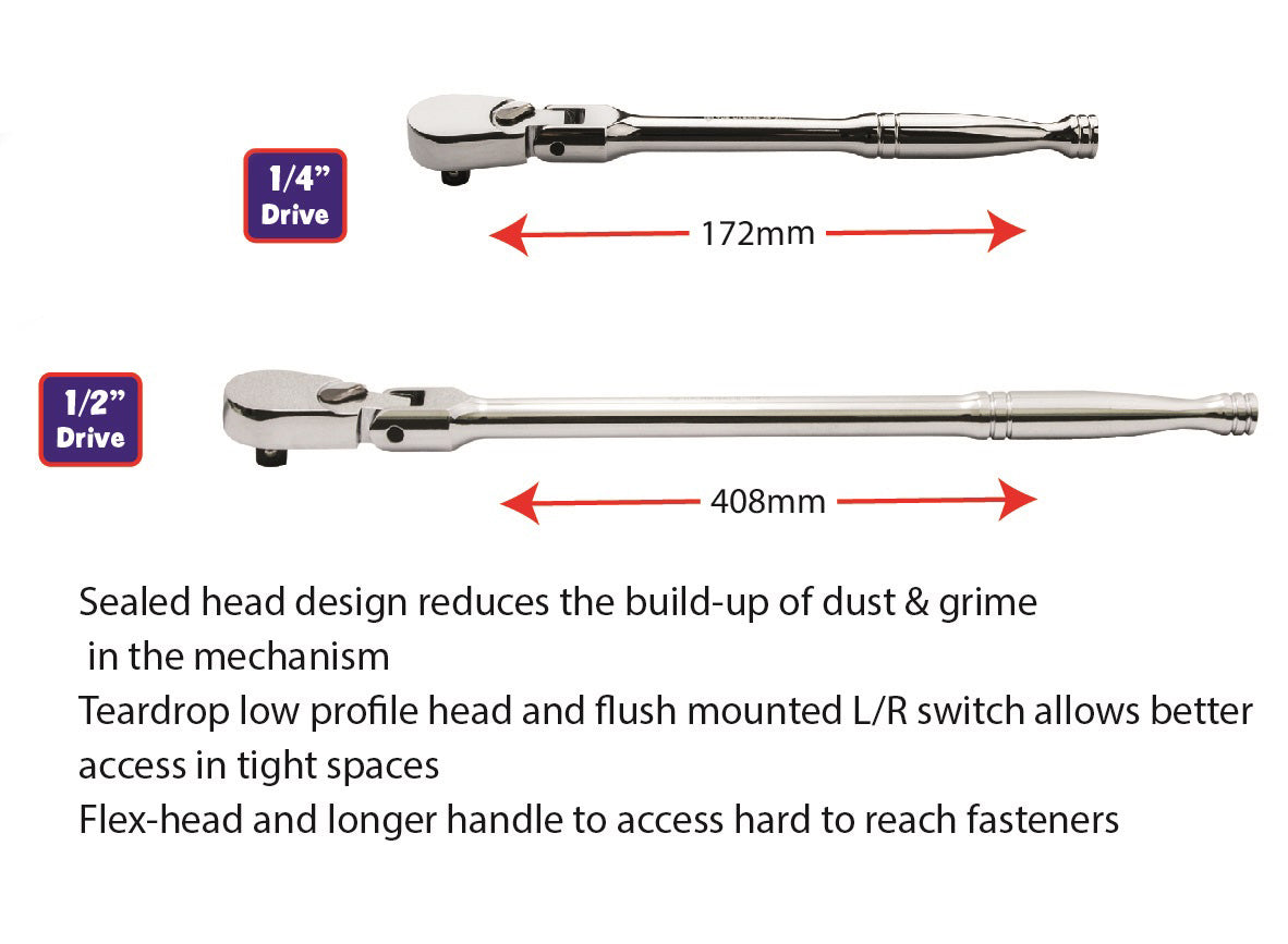 Twin pack of Britool Hallmark reduced maintenance ratchets containing 1/4" and 1/2" drive long steel handled ratchets.