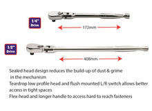 Twin pack of Britool Hallmark reduced maintenance ratchets containing 1/4" and 1/2" drive long steel handled ratchets.