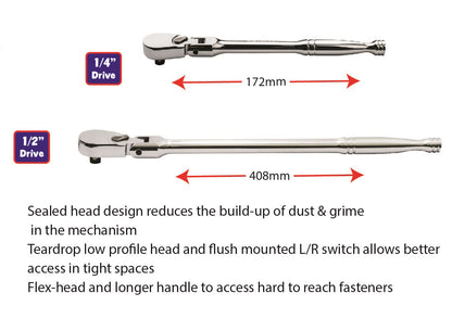 Twin pack of Britool Hallmark reduced maintenance ratchets containing 1/4" and 1/2" drive long steel handled ratchets.