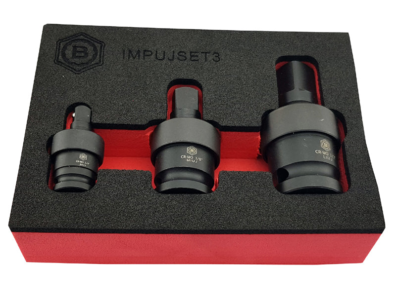 Britool Hallmark IMPUJSET3 three piece impact universal joint set with 1/4 3/8 and 1/2 inch drive Cr-Mo UJs in Tool Control foam