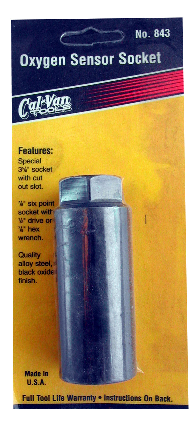 Oxygen sensor socket packaging with Cal-Van Tools branding on a yellow background