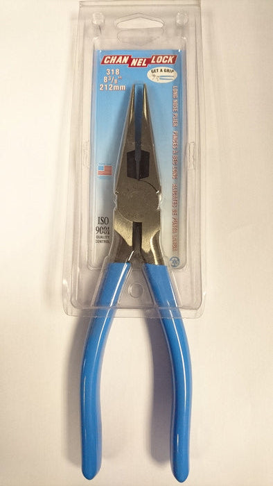 A pair of Channellock 318 long nose pliers with blue handles in a clear plastic display packaging.