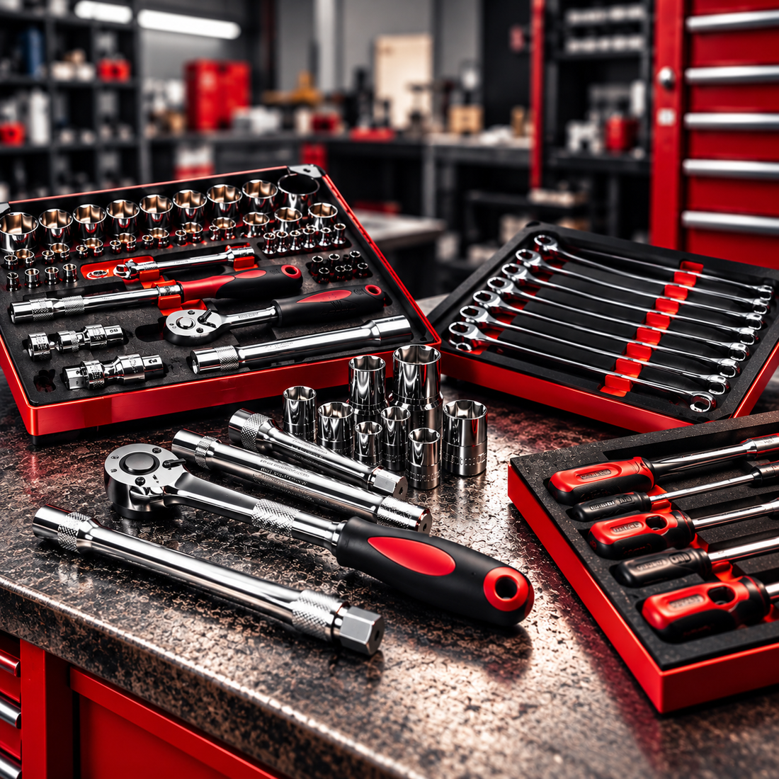 Professional chrome socket sets, ratchets, spanners and hand tools displayed in a workshop with red and black tool trays.