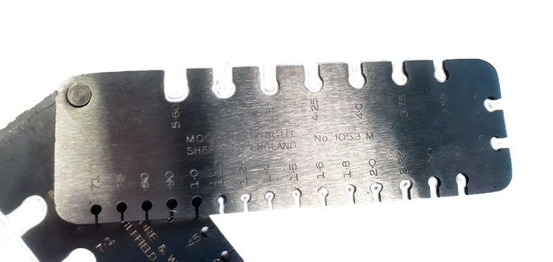 Close up image of Moore and Wright 1053M metric wire gauge tool, made in Sheffield, UK