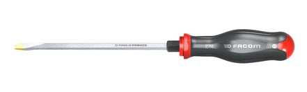 A Facom Protwist 8mm slotted flat blade screwdriver with a black and red handle with hexagn bolster nut for extra torque application.