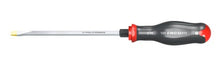 A Facom Protwist 8mm slotted flat blade screwdriver with a black and red handle with hexagn bolster nut for extra torque application.