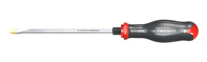A Facom Protwist 8mm slotted flat blade screwdriver with a black and red handle with hexagn bolster nut for extra torque application.