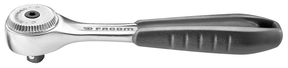A Facom Tools 1/4 inch square drive professional ratchet with a black and silver color scheme, featuring a hard plastic grip and a ratchet mechanism.