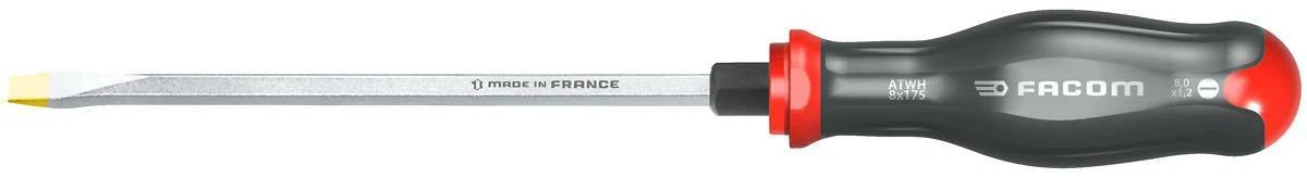 Facom Protwist design slotted screwdriver size 8 x 175mm with a hexagon bolster design handle for higher torque application.