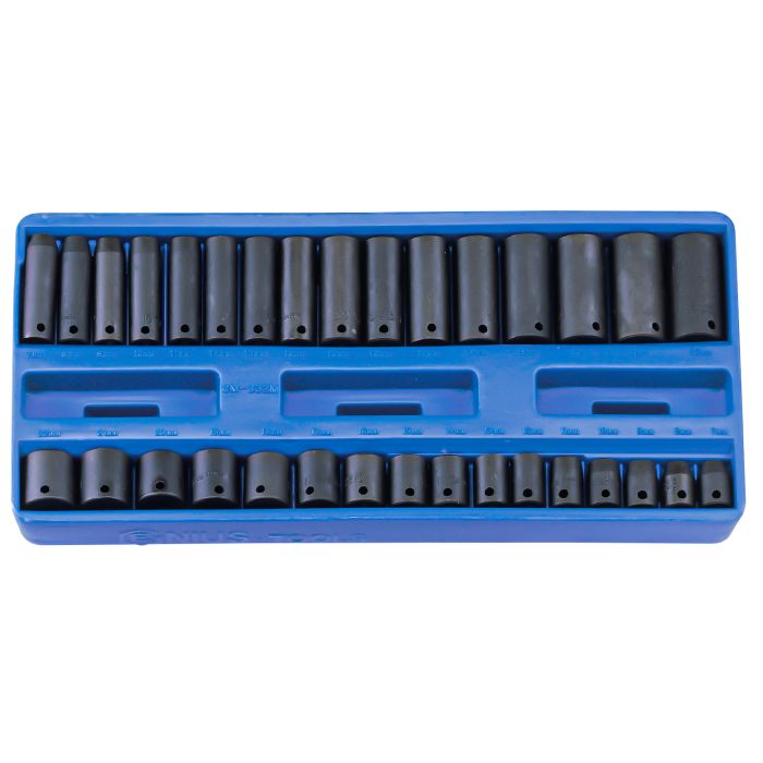 32 piece set of standard and deep deptj black impact sockets in plastic storage tray. From Genius Tools brand.