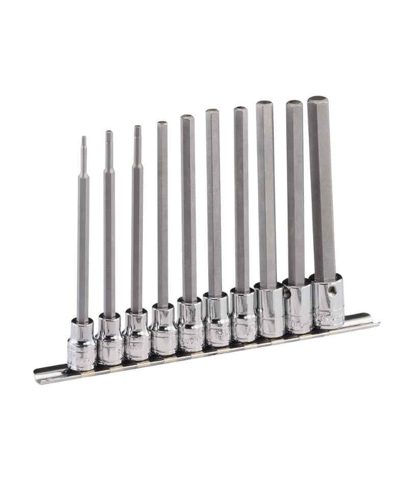 10 piece set of 3/8" drive long length hexagon bit sockets on a rail, from Genius Tools brand and in AF Imperial sizes.