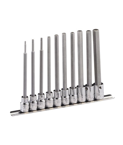 10 piece set of 3/8" drive long length hexagon bit sockets on a rail, from Genius Tools brand and in AF Imperial sizes.