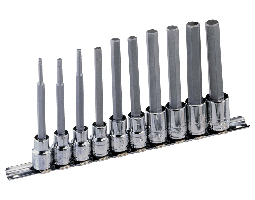 Set of long length AF Imperial sizes hexagon allen key bit socket on a socket rail from Genius Tools.