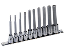 Set of long length AF Imperial sizes hexagon allen key bit socket on a socket rail from Genius Tools.