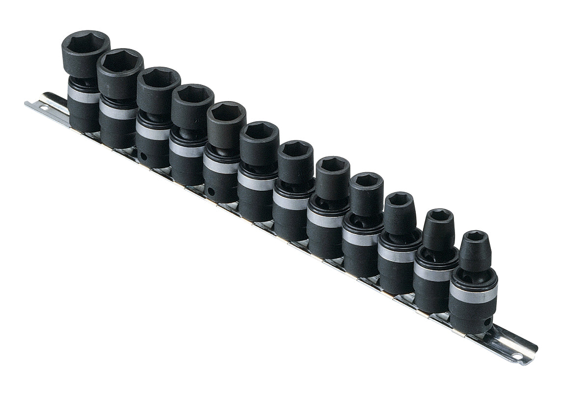 A set of black swivel impact sockets organized in a row on a metal plate, ranging in size from 8 to 19mm.
