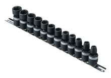 A set of black swivel impact sockets organized in a row on a metal plate, ranging in size from 8 to 19mm.