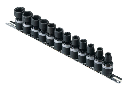 A set of black swivel impact sockets organized in a row on a metal plate, ranging in size from 8 to 19mm.