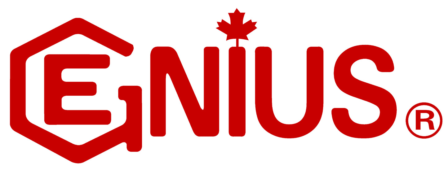 Offical Red 'GENIUS' logo with a hexagonal design element on a white background