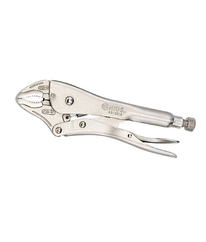 Genius Tools Locking plier with curved jaw and wire cutter.