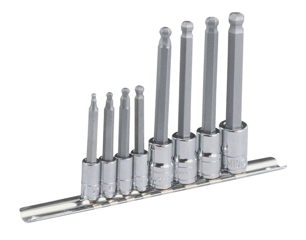 8pc Set of Genius Tools 1/4 and 3/8" Drive Bal End Allen Bit Sockets on a rail.