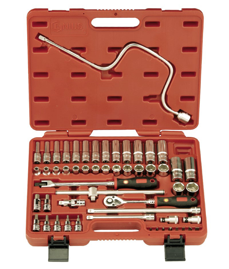 Genius Tools 54 piece 3/8 inch drive metric socket and accessory set with standard and deep sockets hex bits ratchet extensions and power bar