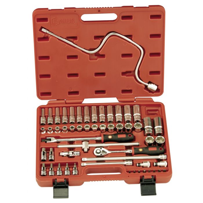 A set of Genius Tools 54pc 3/8 inch Metric Socket & Accessory, displayed in an open red carrying case with various sockets, bit sockets, extension bars, a T-bar, universal joint, speed brace, quick release ratchet, and bit holders neatly organized inside.