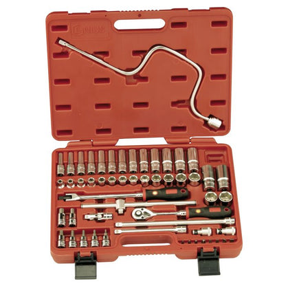 A set of Genius Tools 54pc 3/8 inch Metric Socket & Accessory, displayed in an open red carrying case with various sockets, bit sockets, extension bars, a T-bar, universal joint, speed brace, quick release ratchet, and bit holders neatly organized inside.