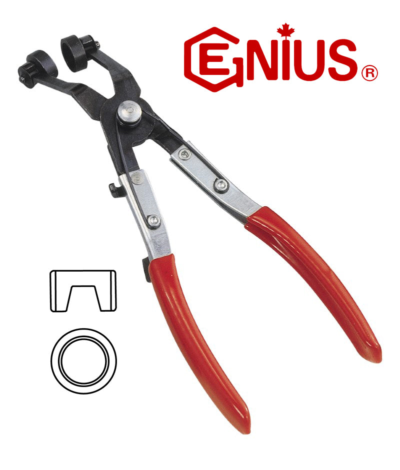 Genius heater hose clamp pliers with 45 degree bent ends, along with image to show the type of heater clamps these pliers can be used on.